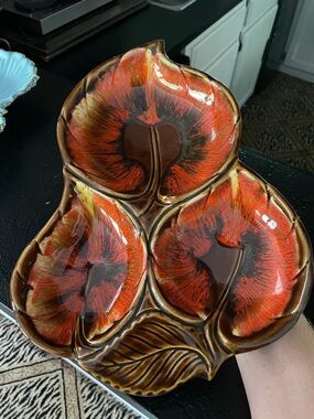 Vintage Maurices Ceramic Leaf Trio Dish in Red and Brown. Great accent piece.
